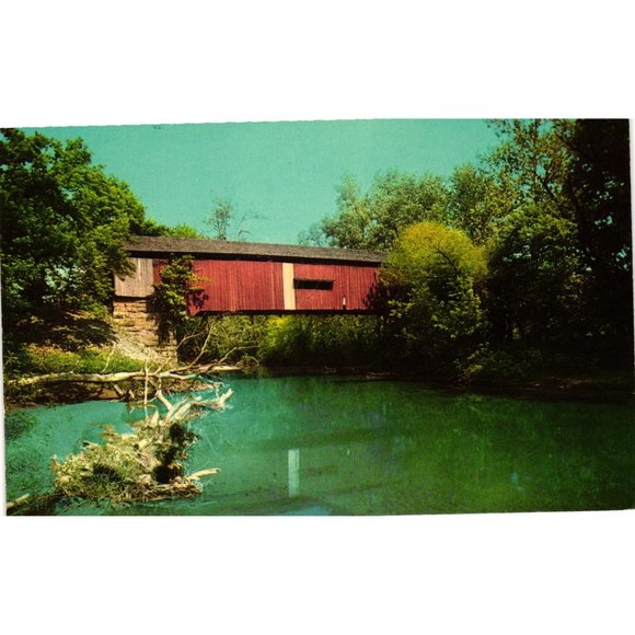 Red Covered Bridge Postcard Travel Souvenir Unposted Raccoon Creek Indiana - Picture 1 of 2